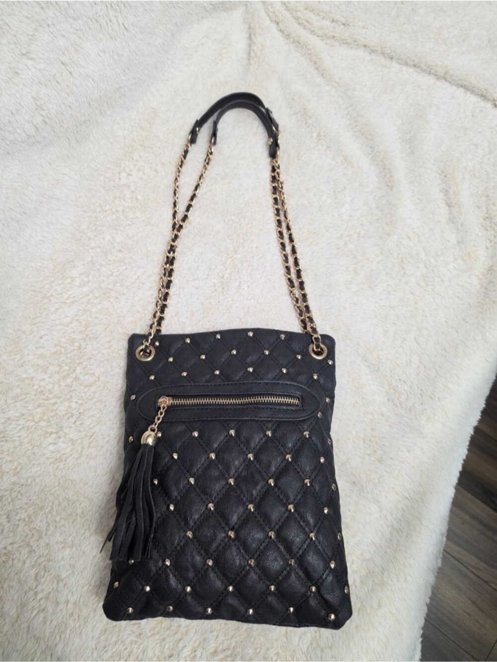 Quilted Crossbody Bag Black Gold Studs Chain Strap Leopard Lined Vegan Leather